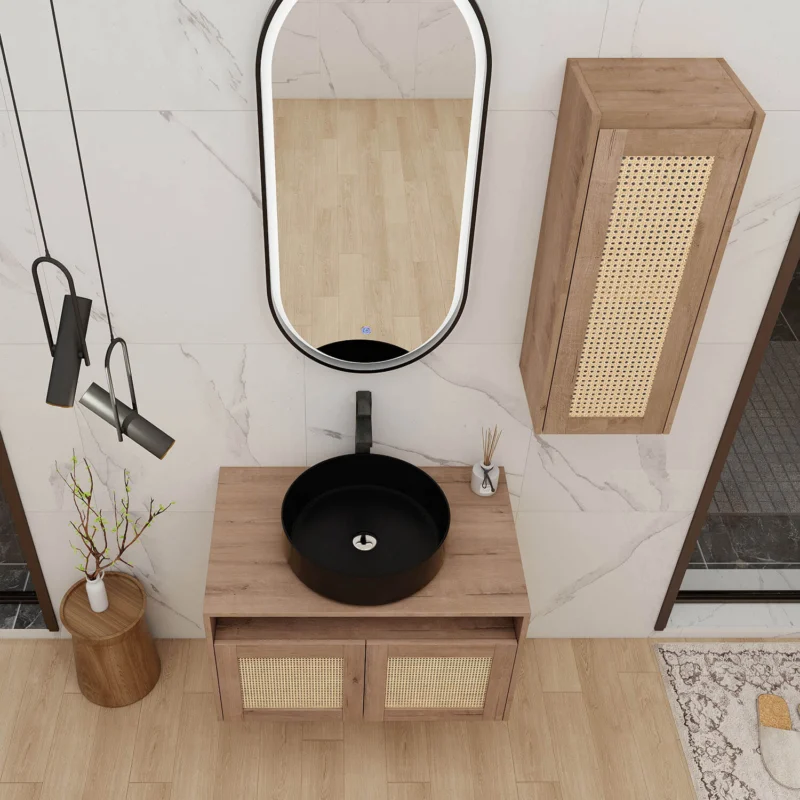 top view of 30" White Oak Floating Vanity with Black Ceramic Sink