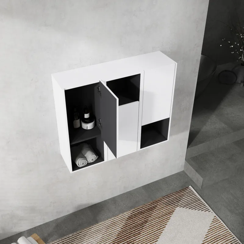top view of 36 inch White Bathroom Wall Cabinet with Soft Close Doors and Open Shelves