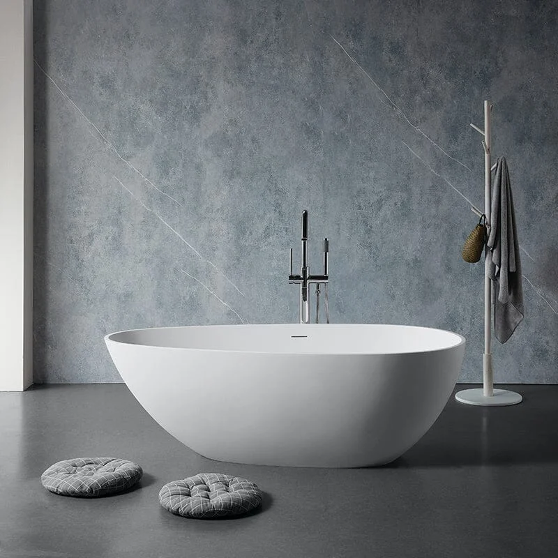 59" Solid Surface Stone Resin Oval-shaped Matte White Freestanding Soaking Bathtub with Overflow